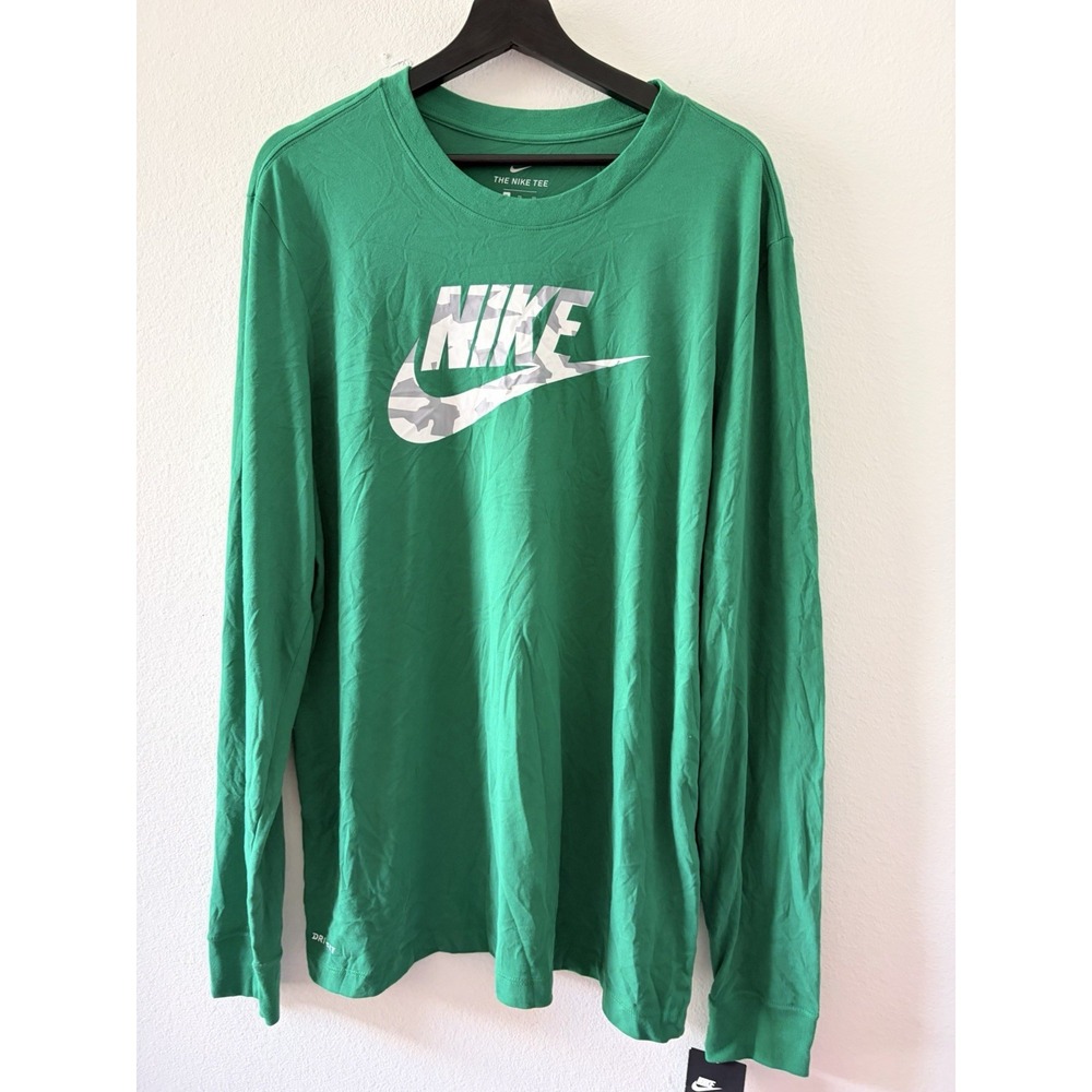 Nike Long Sleeve T-Shirt Mens XL Green Clover Camo Swoosh Logo Dri-Fit NEW
